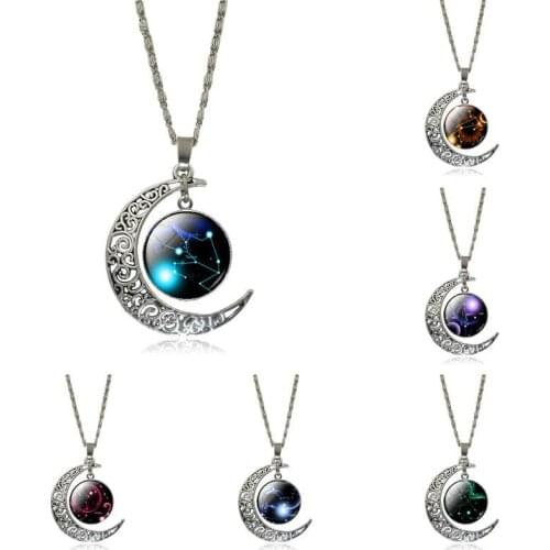 2018 Fashion 12 Twelve Constellations Necklace Blue Moon Stars Lion Symbol Jewelry Moon dome Leo pendant necklace 18.5inch