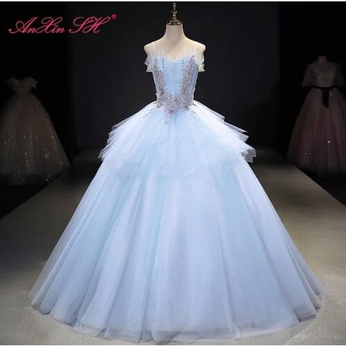 AnXin SH princess sky blue lace ruffles spaghetti strap beading crystal bride party vintage ball gown lace up evening dress