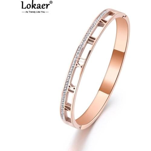 Lokaer Roman Numerals Stainless Steel Cuff Bracelet Jewelry For Women Rhinestone Lover Bracelets Bangles Valentine Gift B19004