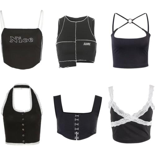 E-girl Black Crop Cami Top Sexy Women Sleeveless Backless Spaghetti Strap Top Halter Summer Vest Y2K Aesthetic Female Clothes