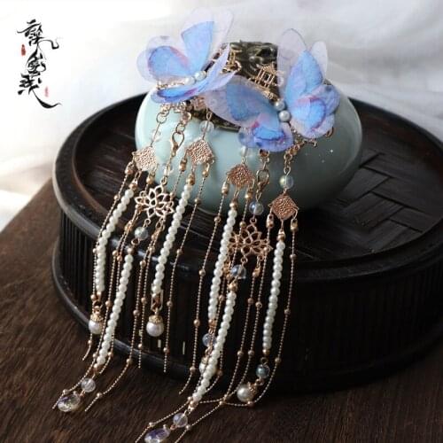Original Ancient Style Headdress Hanfu Hair Clip Handmade Butterfly Tassels a Pair of Hairclips Hair Accessories Fairy