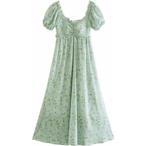 Jastie Summer Boho Womens Dress 2021 Puff Sleeve Elastic Waist Square Neck Ruffled Midi Dress Casual Holiday Beach Party Dress