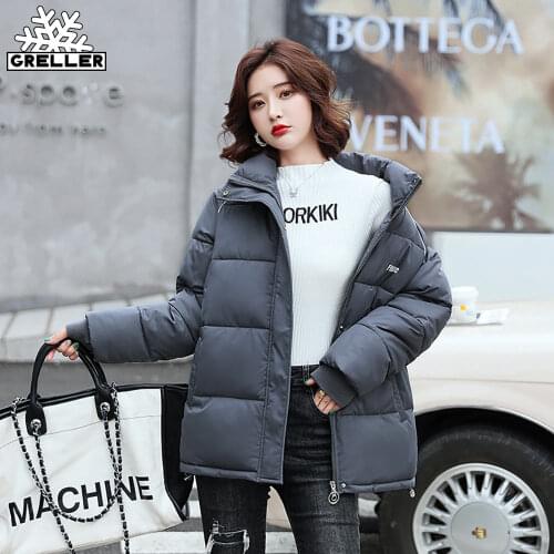 GRELLER 2021 New Short Parkas Fashion Solid Winter Coats Women Elegant Stand Collar Cotton Padded Winter Jacket Women Clothing