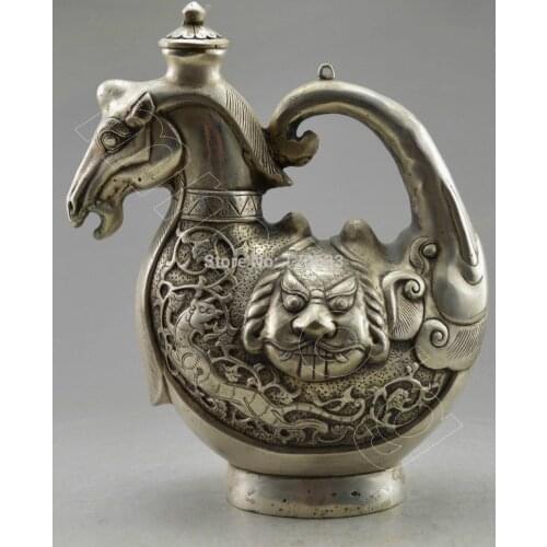 Miao Silver Hand Collectible Decorated Carved Horse Tea Pot BRONZE art Decoration 100% real Tibetan Silver Brassroom Art