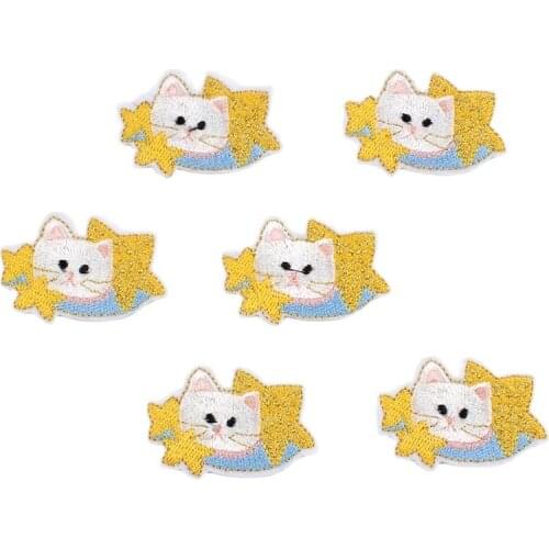 10pcs Cartoon Cute Cat Patches Embroidery Star Stickers Sewing Suits Apparel Fabric Appliques DIY Jeans Coats Bags Shirts Badge