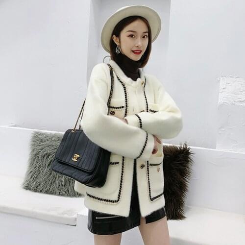 Mink woolen coat women 2021 winter new autumn and winter thick o neck full sleeve striped cotton sweater knitted cardigans