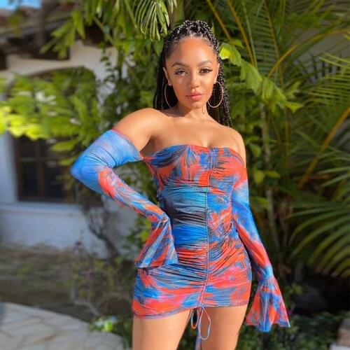 CHRONSTYLE Y2K Print Off Shoulder Slim Dress Party Streetwear Women Long Flare Sleeve Drawstring Ruched Mini Pencil Dresses 2021