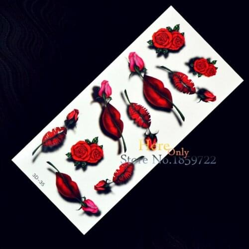 1pc 3D disposable temporary tattoo sticker H3D-35 sexy women red lip with rose flower Tatouage Temporaire fleur tatouage taty