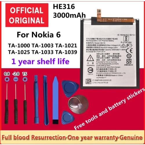 Original HE316 3000mAh Battery for Nokia 6 Nokia6 N6 TA-1000 TA-1003 TA-1021 TA-1025 TA-1033 TA-1039 Batteries Bateria+Tracking