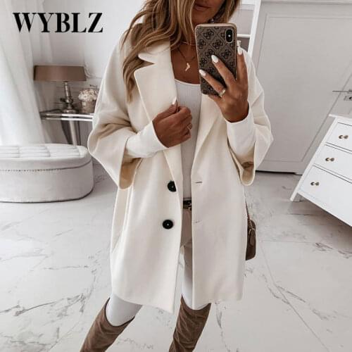 Winter Warm Woolen Famale Jaket Fashion Elegant Turn Down Collar Single Buttom Long Trench Coat Solid All-match Women Clothing