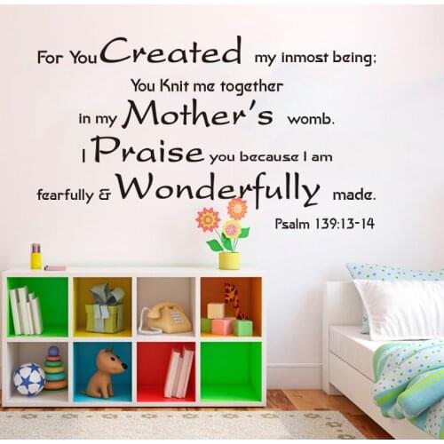 Psalm 139:13-14 Praise Bible Verse Wall Sticker Bedroom Kids Room Christ Mother’s womb Quote Family Love Wall Decal Vinyl