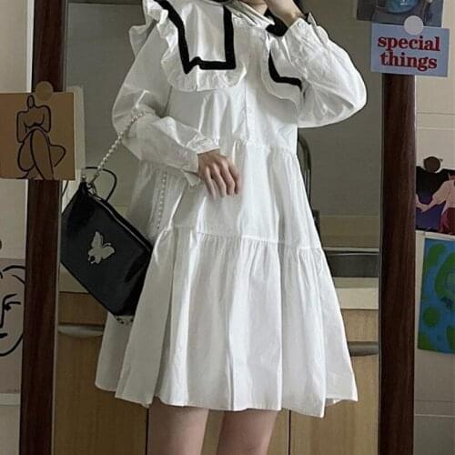 Japanese Sweet White Dress for Women 2021 Spring New Navy Style Design Loose Slimming Mid-Length Dress