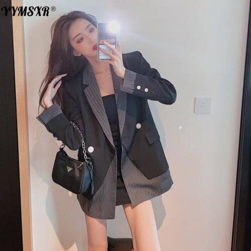 Womens Plus Size Jacket 2021 Spring and Autumn New Fashion Temperament Fake Two-piece Striped Office Suit Female High Quality
