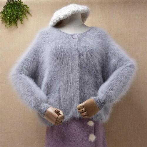 Ladies women fashion short style hairy mink cashmere knitted long batwing sleeves loose sweater cardigans angora fur jacket coat