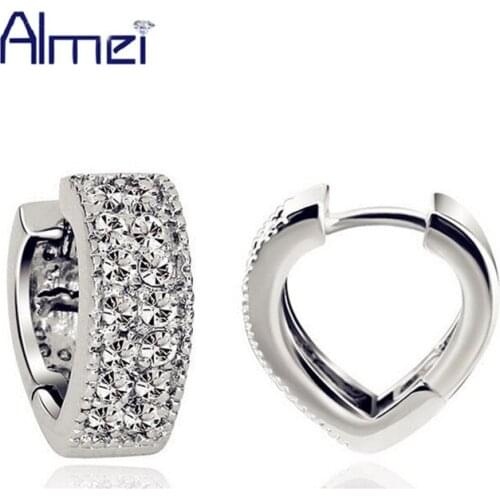 Almei 49%off Studs Earrings Crystal Jewelry for Women Silver Color Ear Cuff Earring with Zircon Cute Heart 2017 Brincos SYC97