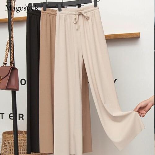 Womens Loose Summer Pants Soft Ice Silk Full Length Slacks Black Wide Leg Pants Fashion Khaki Women High Waist Trousers 16393
