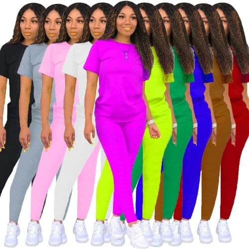 CM.YAYA Sporty Classic Solid Sweatsuit Womens Set Tee Tops Legging Pants Set Activewear Tracksuit Two Piece Fitness Outfit Set