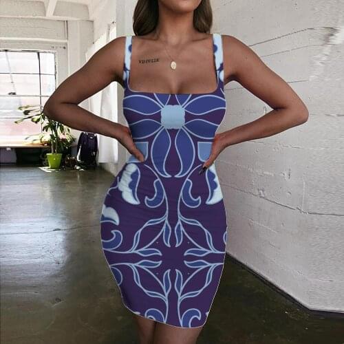 KYKU Brand Flowers Dresses Women Art Bodycon Dress Street Halter Sleeveless Blue Sundress Womens Clothing Club New Boho