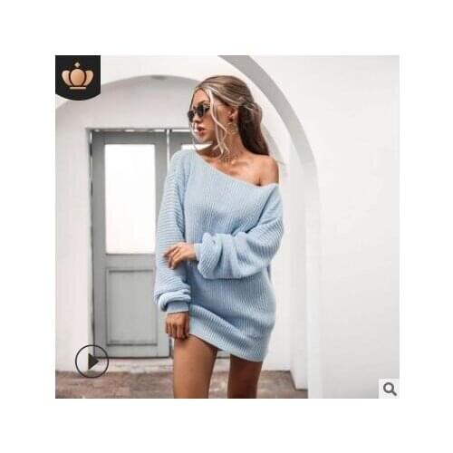 Sweater Dress Women Autumn Winter European And American Casual Off-shoulder Lantern Sleeve Knitted Sweater Dress Платья Dress