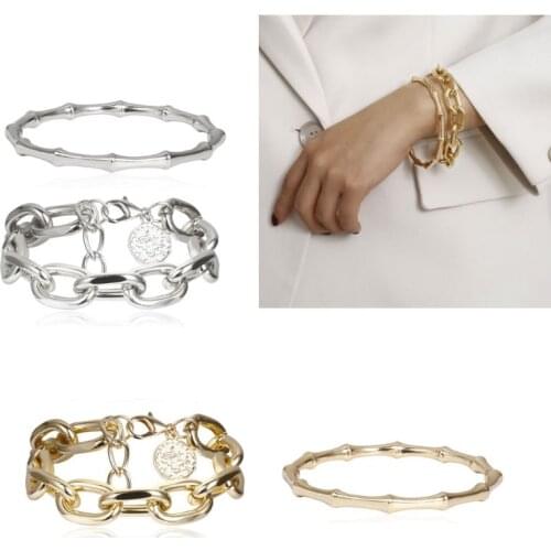 2Pcs Punk Metal Bamboo Bracelet Coin Disc Charm Chunky Link Chain Bangle Women F3MD