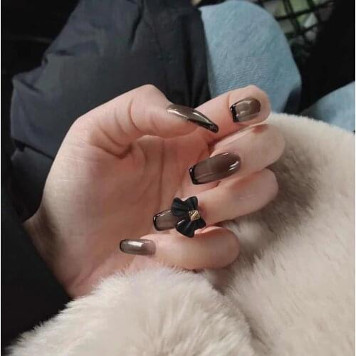 24pcs Silver Black Butterfly Wear Long Paragraph Fashion Manicure Patch False Nails Save Time Wearable Nail Patch Nail Sticker