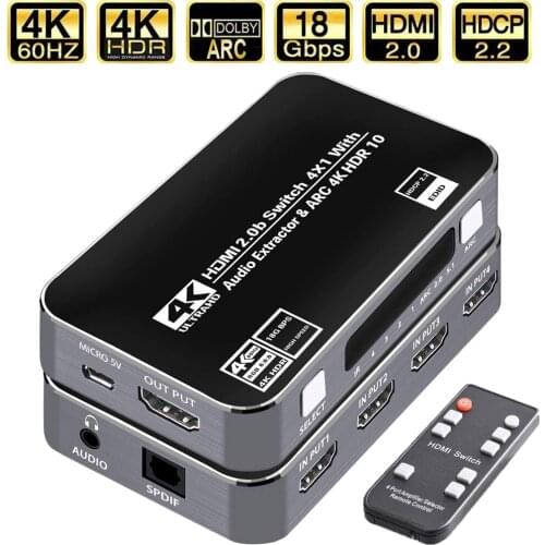 4K HDMI Switcher HDMI 2.0 Switch HDMI audio extractor HDR ARC splitter 4X1 with remote(HDMI in to HDMI+toslink+stereo audio out)
