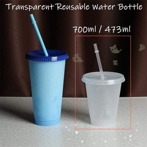 5Pcs Transparent Reusable Water Bottle Temperature Color Changing Cup With Lid & Straw Plastic Cold Cup Sport Cold Water Bottle