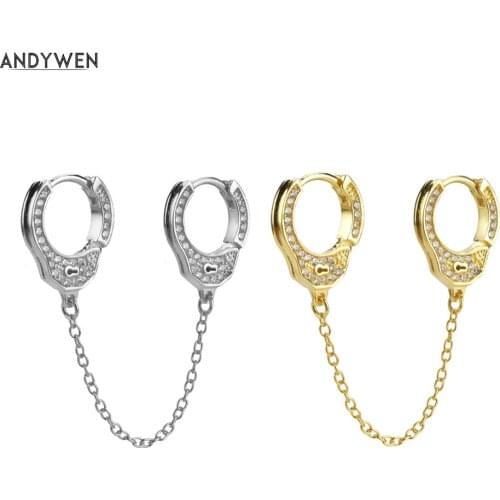 ANDYWEN 925 Sterling Silver 8.5mm Double Sided CZ Crystal Hands Cuff Clickers Medium Chain Hoops Huggies Loop Earring Jewelry
