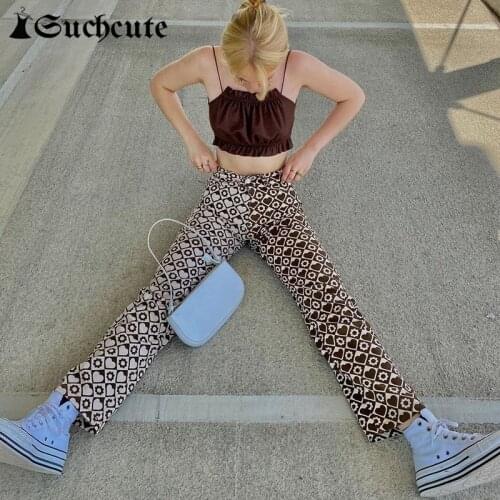 SUCHCUTE Vintage Heart Print Women Straight Pants Kawaii Brown Patchwork Casual Denim Trousers Harajuku Aesthetic Baggy Jeans