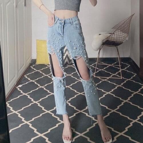 Jeans Ripped Beading Women Streetwear High Waist Pants Vintage Clothes Korean Fashion Vaqueros Denim Trousers Pantalones Mujer
