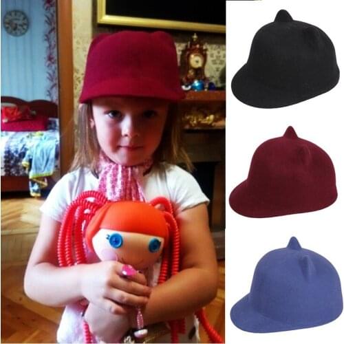 100% Wool Girl Boy Child Fedoras hat With Devil Horns Mickey Cat ear Cap size 52-54CM For 3-10 Years KID