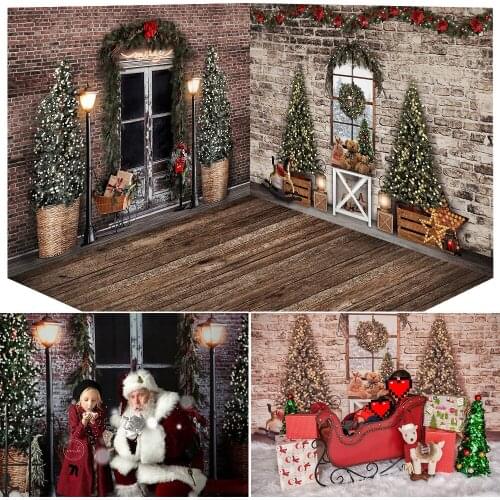 Winter Xmas Room Background Window Vintage Door Portrait Backdrop Christmas Trees Brick Wall Family Party Birthday Photography