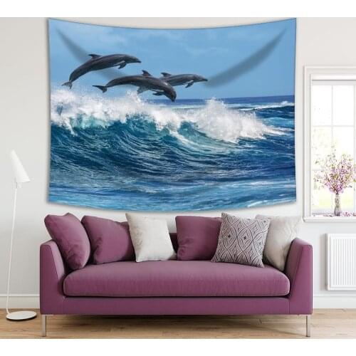 Tapestry Three beautiful Dolphins Jumping over Breaking Waves Hawaii Pacific Ocean Wildlife Scenery Blue White