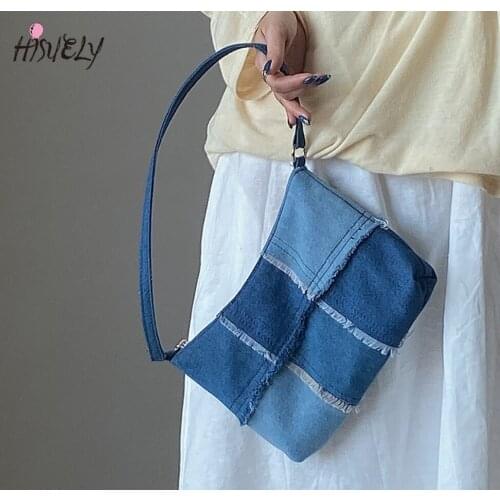 Fashion Women Shoulder Bags Denim Baguette Bag Quailty Thick Shoulder Purses and Handbag Women Clutch Bags Ladies Armpit Bag Sac