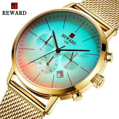 REWARD Iridescent Crystal Glass Design Golden Quartz Watch Stainless Steel Mesh Band Waterproof Chronograph Sports Date Clock