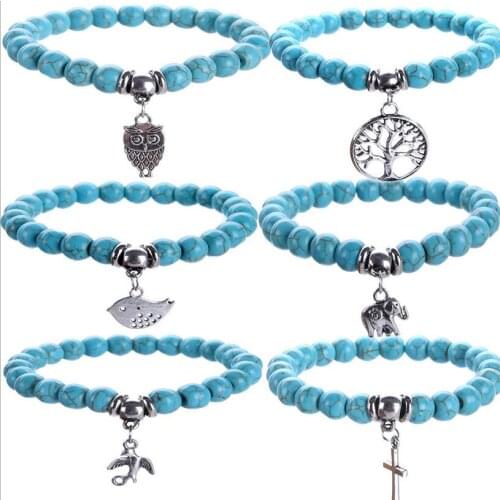 Natural Howlite Stone Elephant/Owl/life tree/Bird/Cross Charms Bracelet for Women Animal Charm Bracelet Jewelry Wholesale Z233