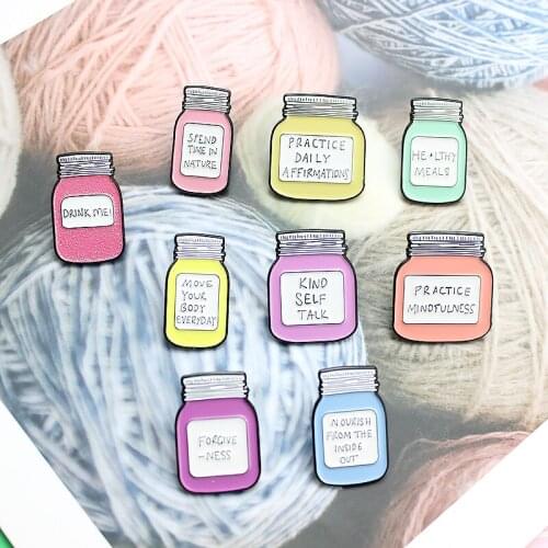 New Stained Glass Enamel Bottle Brooch Cute Cartoon PRACTICE / TYPE / DRINK text vase note storage jar badge gift