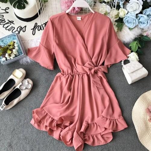Solid High Waist Slim Playsuit 2021 Stylish Ruffles Patchwork Short Sleeve V-Neck Tie Bow Bandage Bodysuit Casual Summer Outfits
