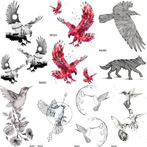 OMMGO DIY Bald Eagle Black Birds Temporary Tattoos Sticker Waterproof Custom Tato Hummingbird Small Body Art Fake Tattoo Women