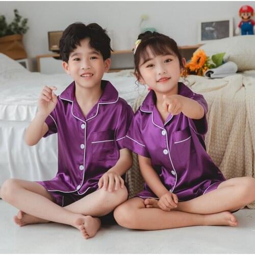 Childrens Sleepwear Summer Clothing Sets Champagne Satin Pajama Sets For 8 10 12 14 Years Kids Girls Silk Pyjamas Boys Pijamas