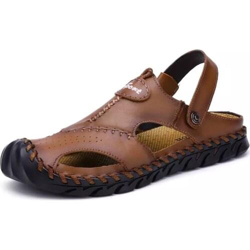 Mens Summer Sandals Leather Bag Cut-Out Sandals Hand Sewn Soft Bottom Anti Slip Beach Shoes Hole Casual Shoes Big Size 47