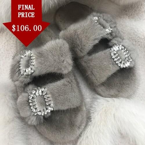 Slippers Sandals Women Real Mink Fur Slippers Fashion Double Buckle Fur Shoes Fluffy Slides Casual Flat Shoes