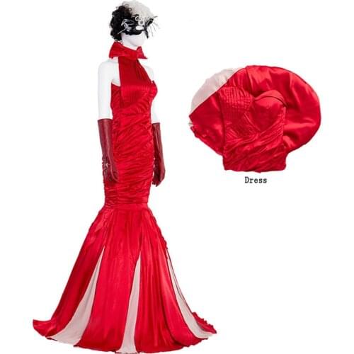 Anime Sexy Cruella De Vil Cosplay Costume Red Dress Queen Wedding Evening Party Ball Gown Fancy Mermaid Dresses Wig Mask Outfits