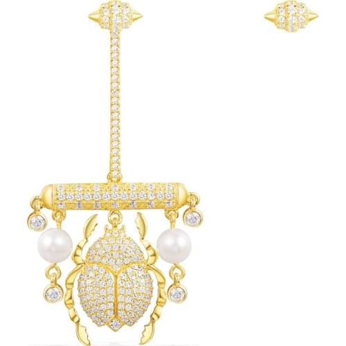 SLJELY 925 Sterling Silver Yellow Gold Color Full CZ Scarab Asymmetry Earrings Cubic Zirconia AB Earring Women Fine Jewelry