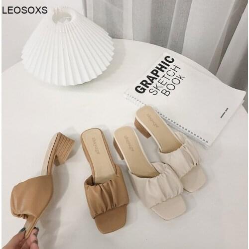 Thick Heel Pleated Slippers Women Summer 2021 New Fashion Casual Square Toe Square Heel 3-5CM Mid-heel Sandals