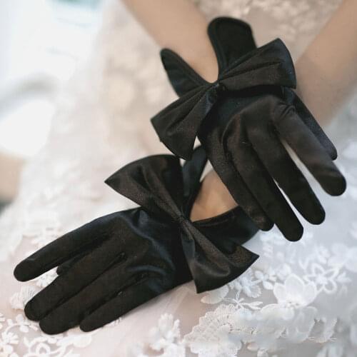 Vintage Bow Full Finger Short Gloves Female Elegant Gloves Women Solid Black White Mittens Soft Satin Bridal Wedding Gloves