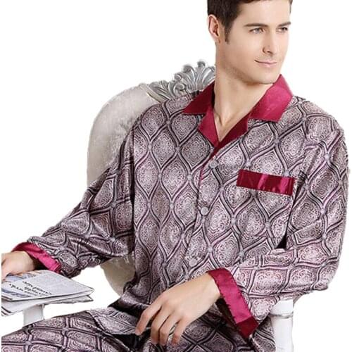 High Quality Silk pajamas paisley Men long-sleeved shirt + trousers two pieces Sleepwear Set Plus Size Pyjamas home clothes Male