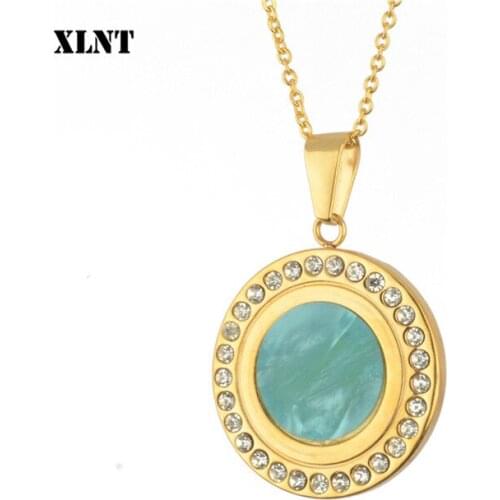 XLNT Luxury Crystal Pendant Necklace Gold Sweater Chain Big Circle Round Pendant Long Necklace Women Jewelry Accessories Gifts