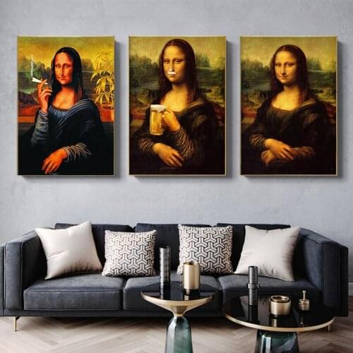 Funny Mona Lisa Drink and Smoking Canvas Paintings Art Posters and Prints Da Vinci Famous Wall Paintings for Living Room Decor