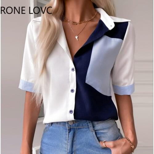 Women Colorblock Pocket Button Design Shirt Blouse Summer Tops
